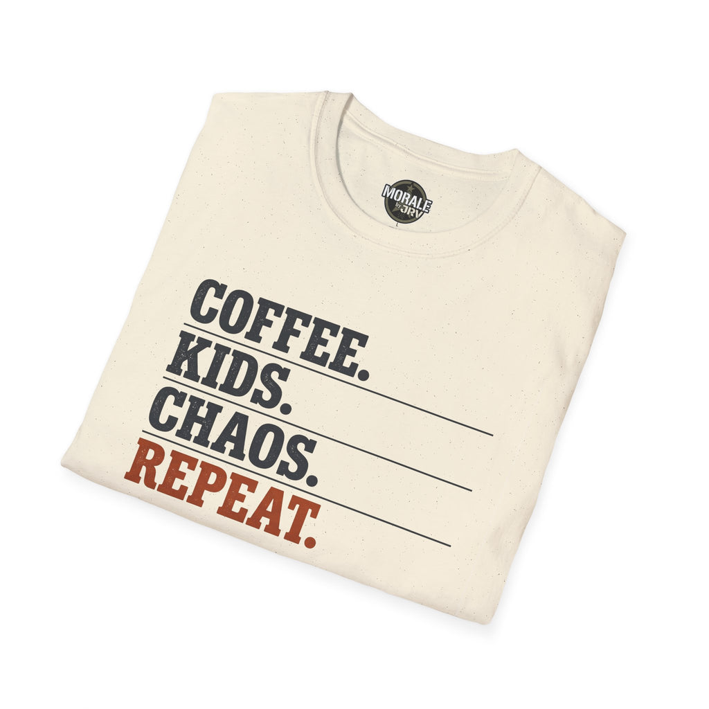 Kids chaos repeat T-shirt with “COFFEE. KIDS. CHAOS. REPEAT.” print, natural speckled