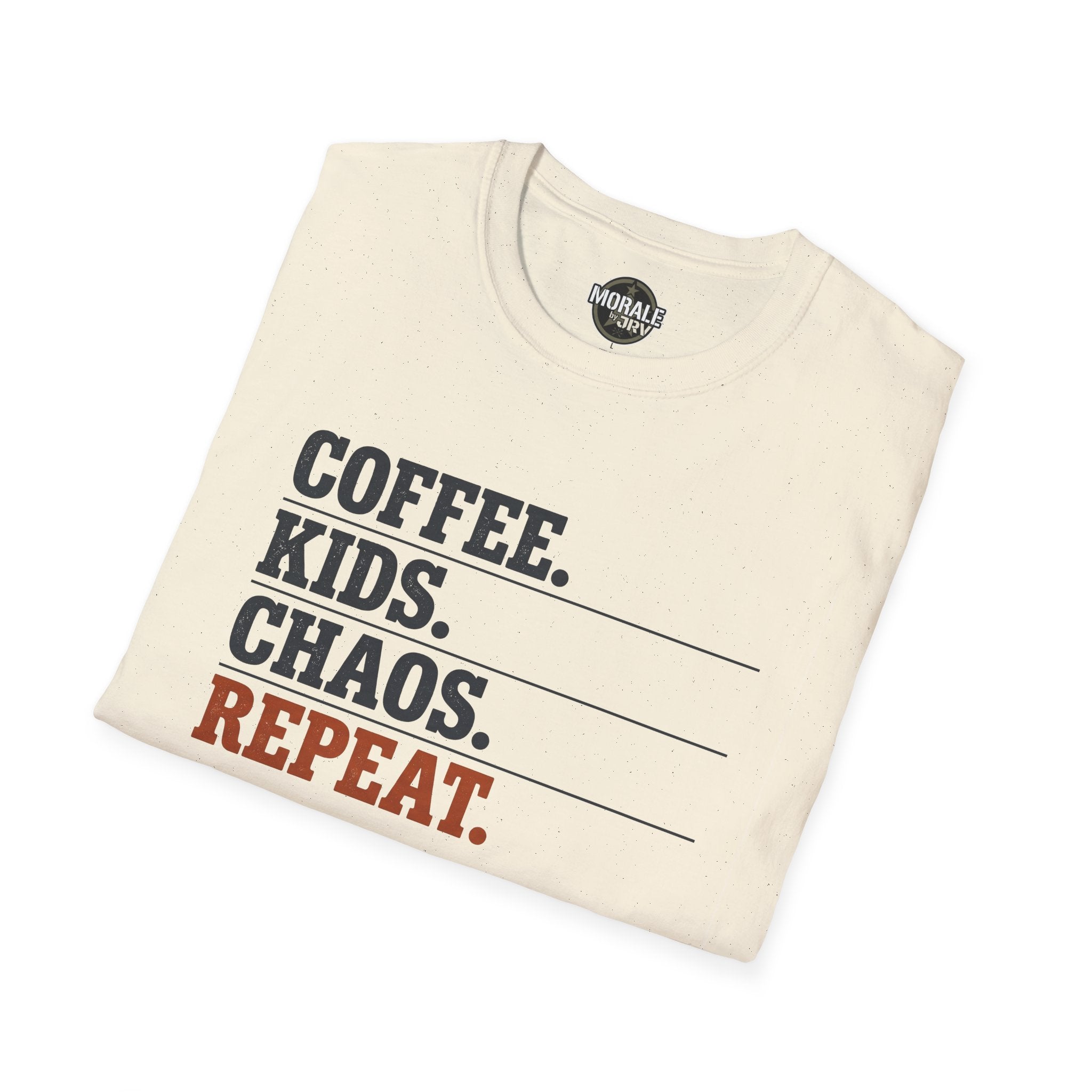 Kids chaos repeat T-shirt with “COFFEE. KIDS. CHAOS. REPEAT.” print, natural speckled