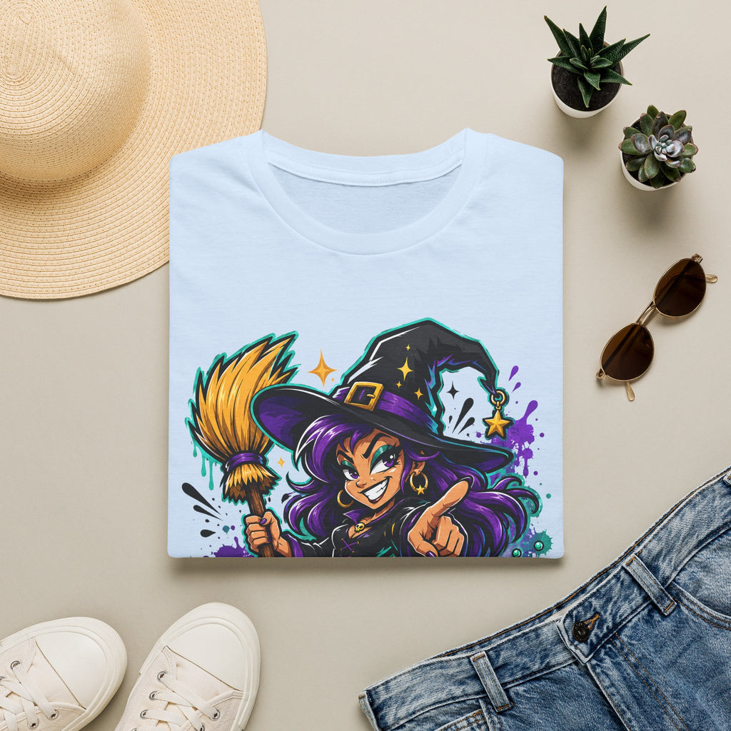 Light blue T-shirt with colorful witch graphic holding a broom, Halloween candy theme