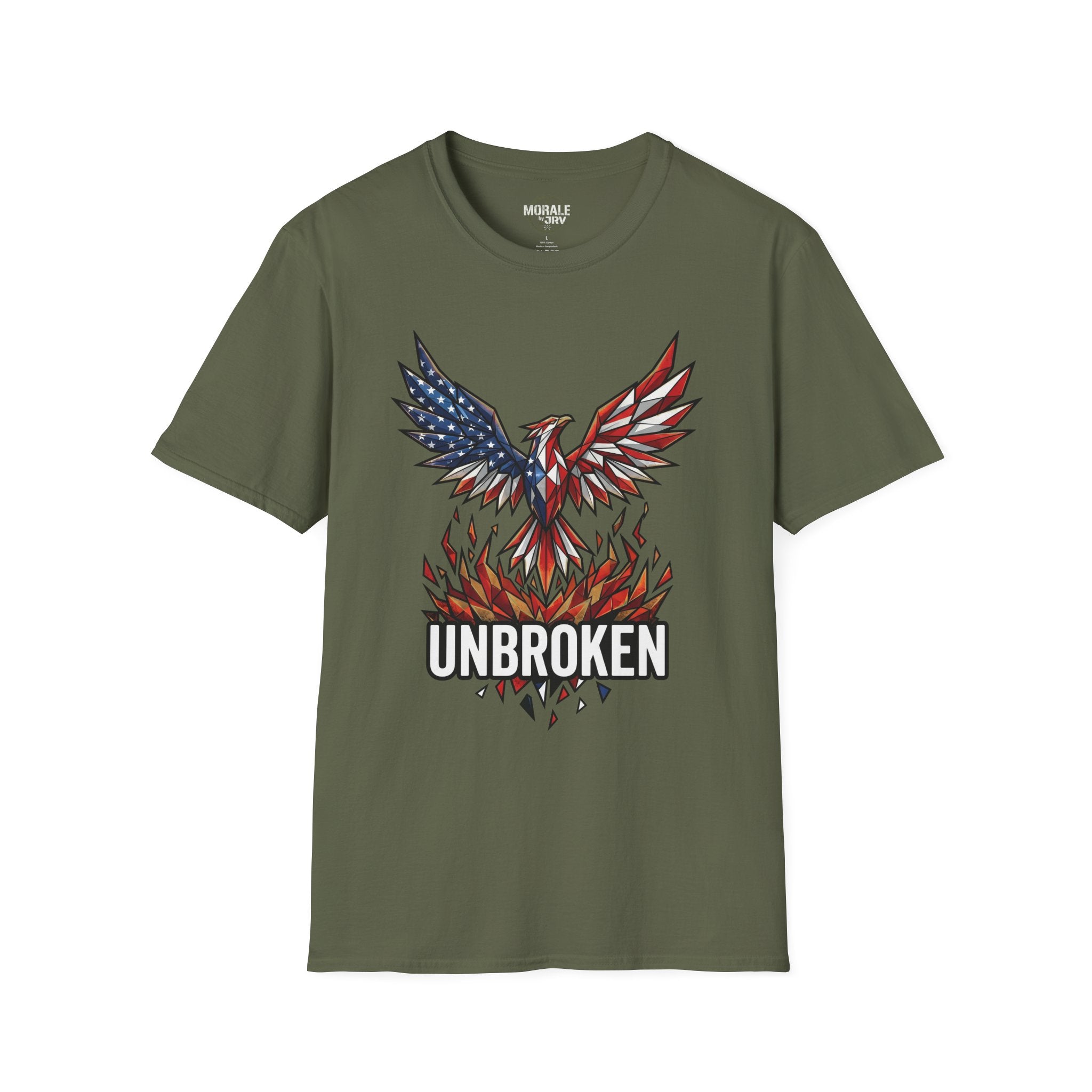 Dark olive T-shirt with "UNBROKEN" eagle phoenix graphic and American flag wing details