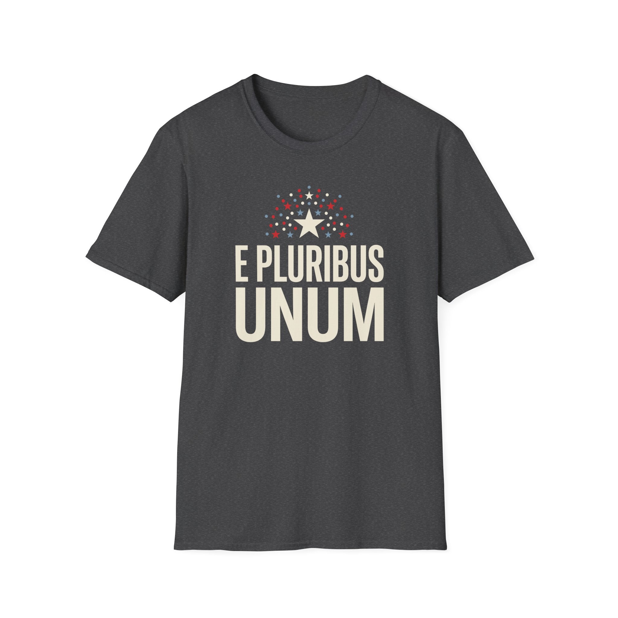 Dark gray T-shirt with 'E PLURIBUS UNUM' star and text graphic