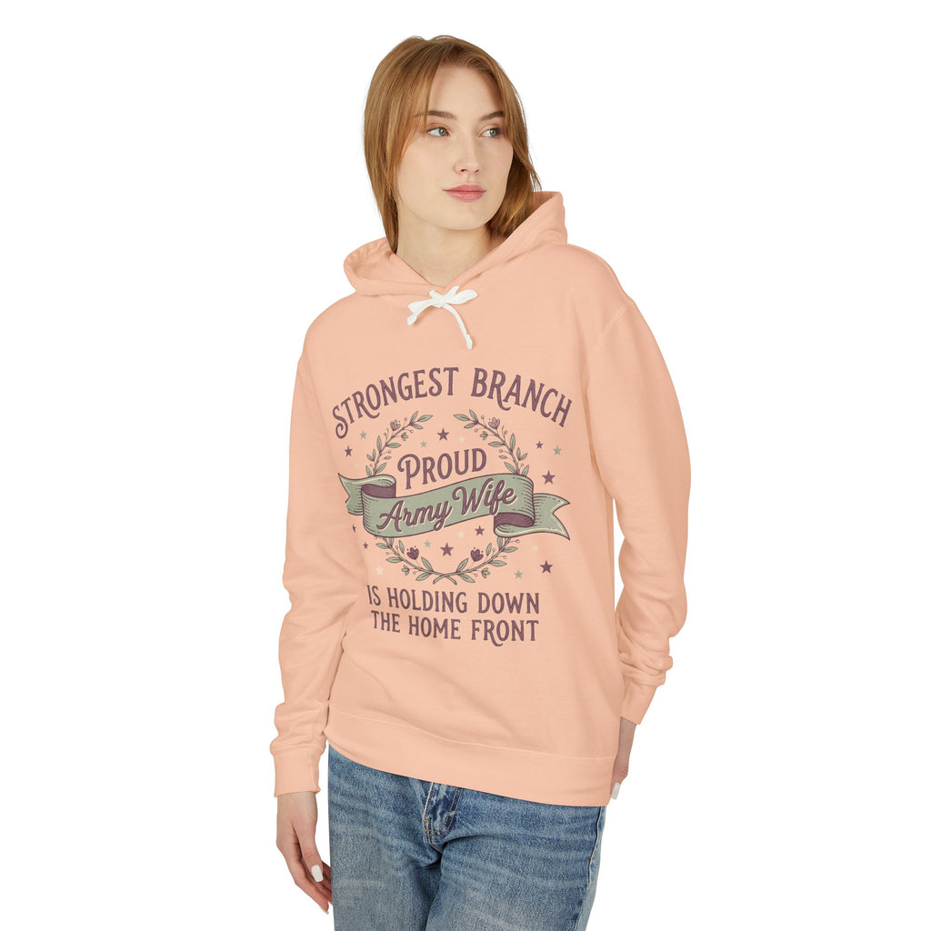 Peach pullover hoodie with front graphic text and white drawstring hood