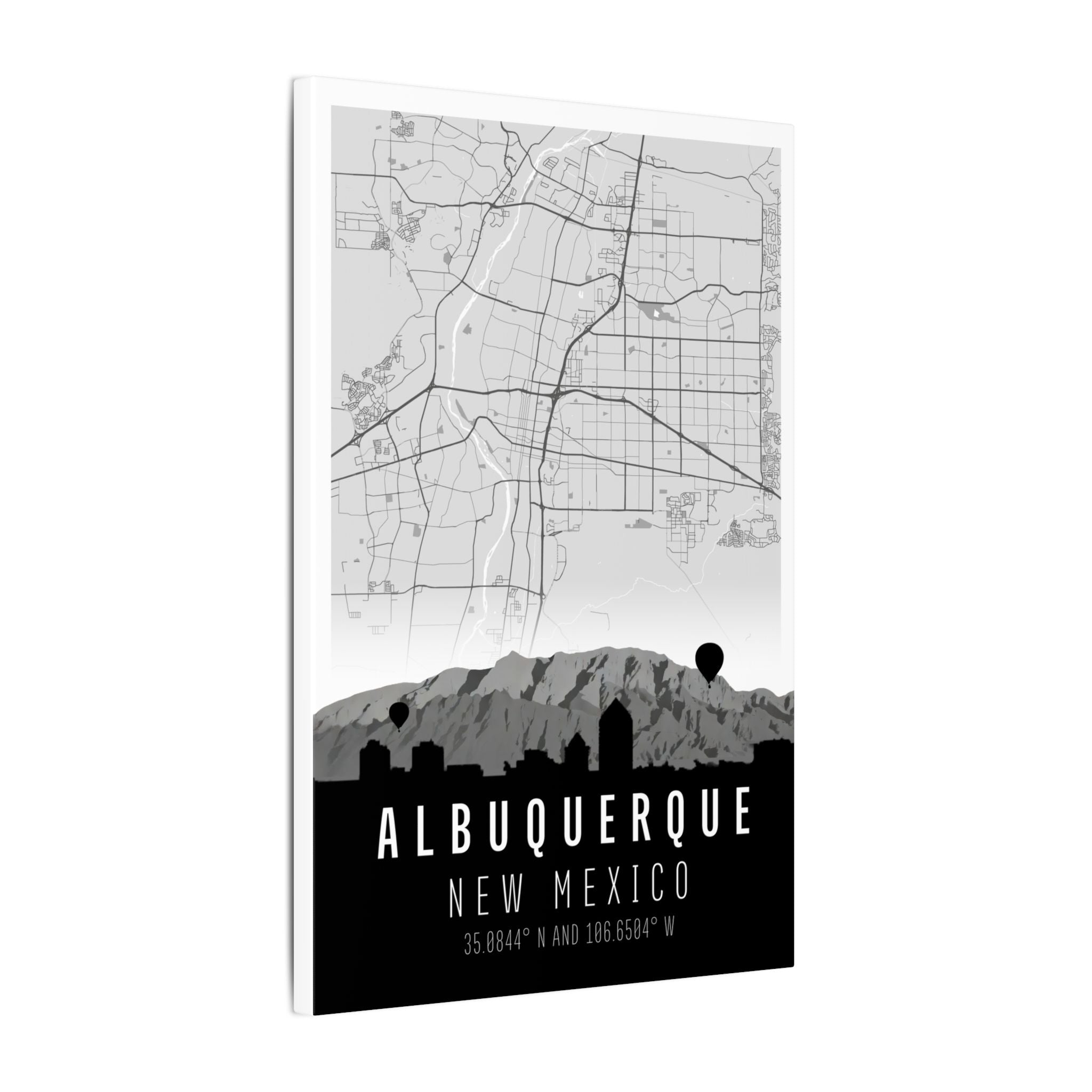 Albuquerque New Mexico map canvas with bold skyline silhouette and latitude/longitude