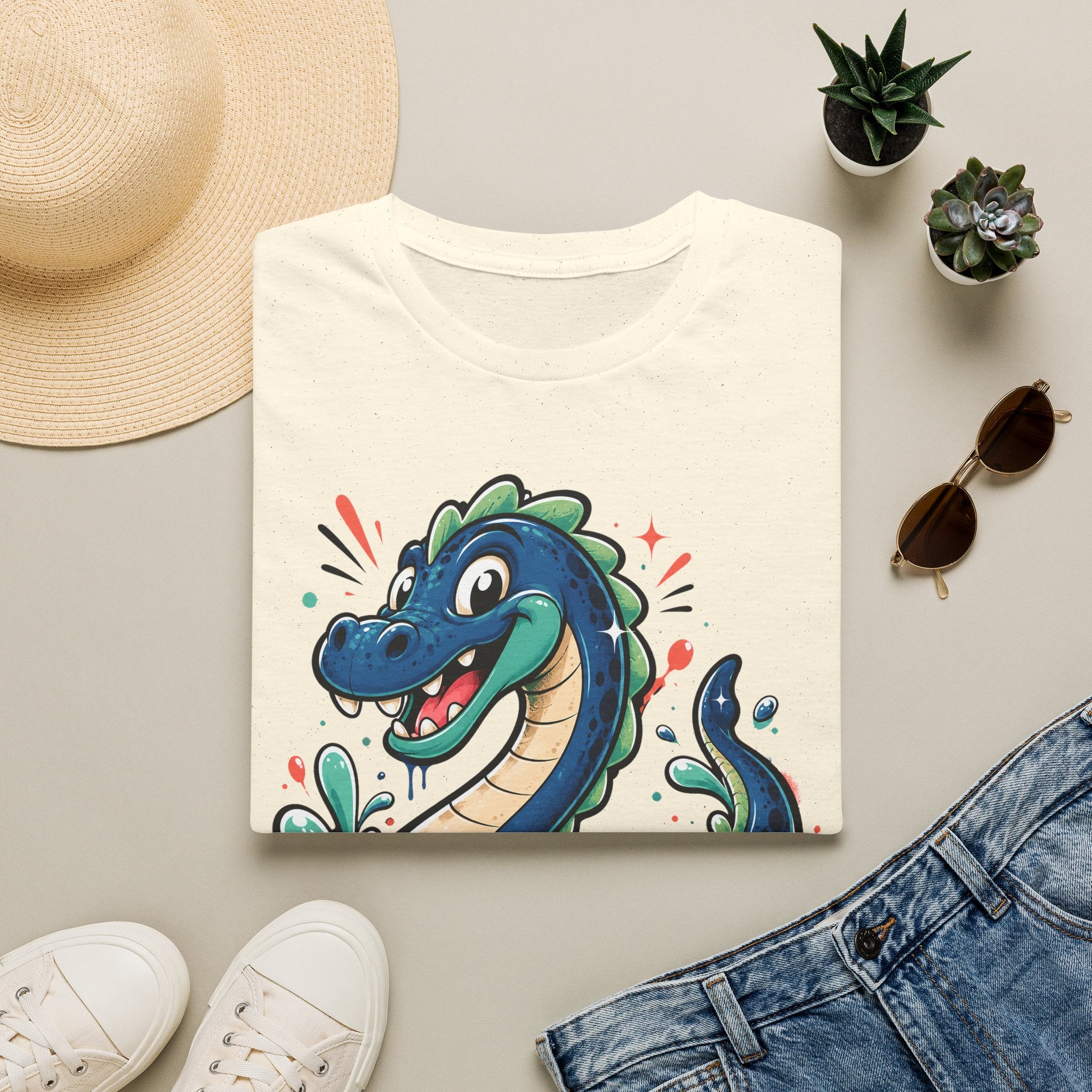 White sea serpent graphic T-shirt with colorful cartoon lake monster face on front