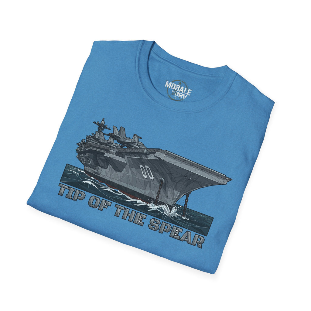 Light blue T-shirt with 'Tip of the Spear' aircraft carrier graphic, crew neck