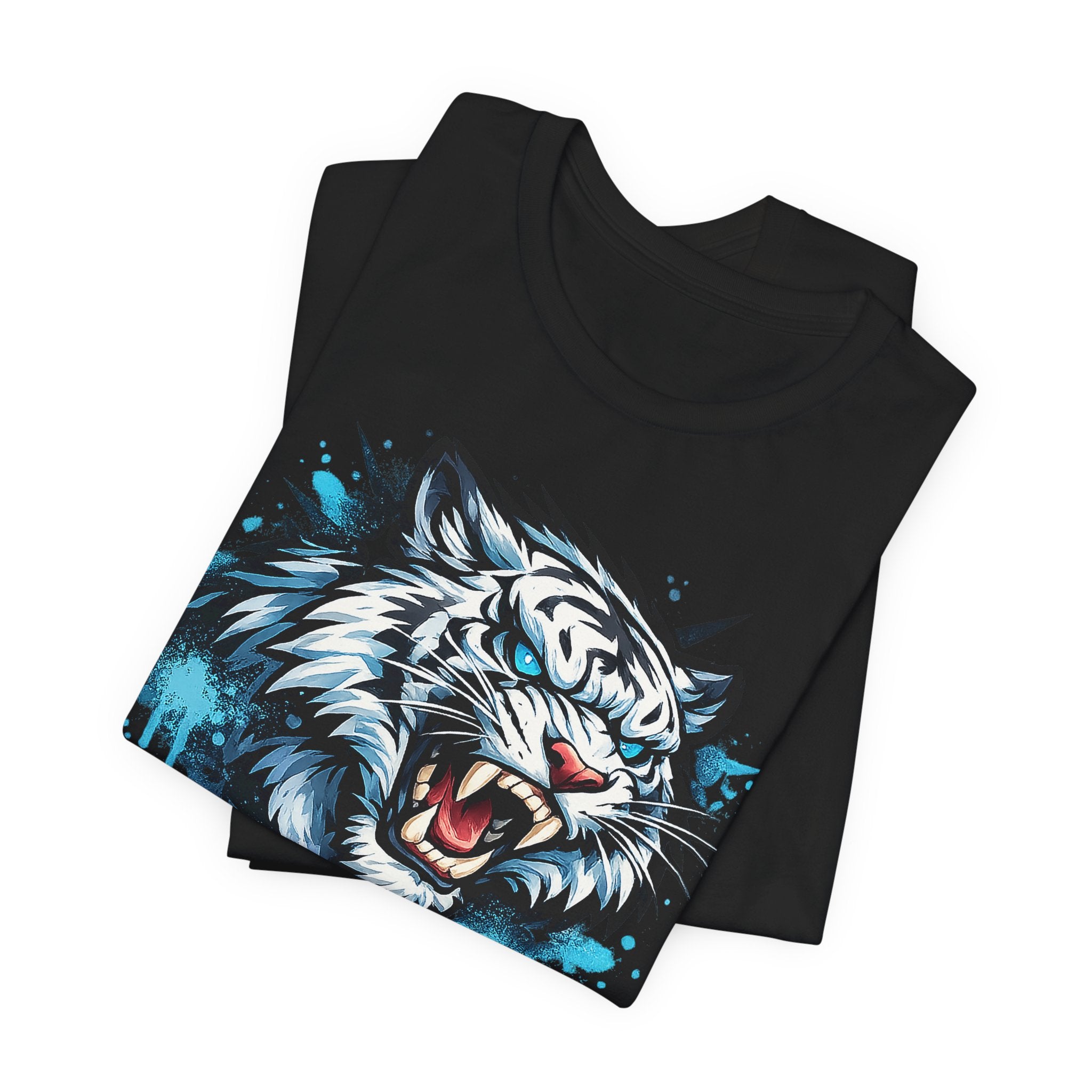 Black t-shirt with roaring tiger head graphic and blue splatter drip print