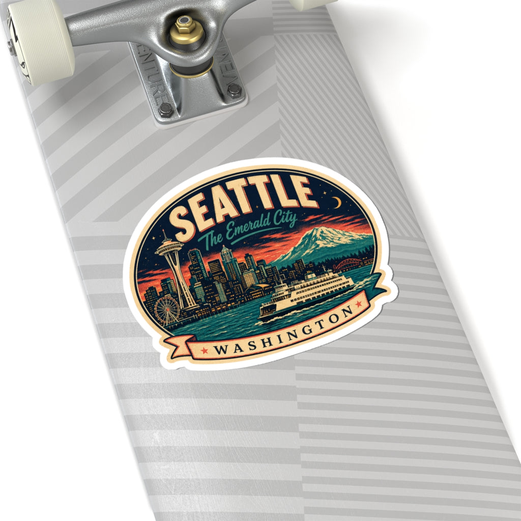 Seattle luggage tag sticker on a suitcase, oval badge with skyline, Space Needle, and Washington