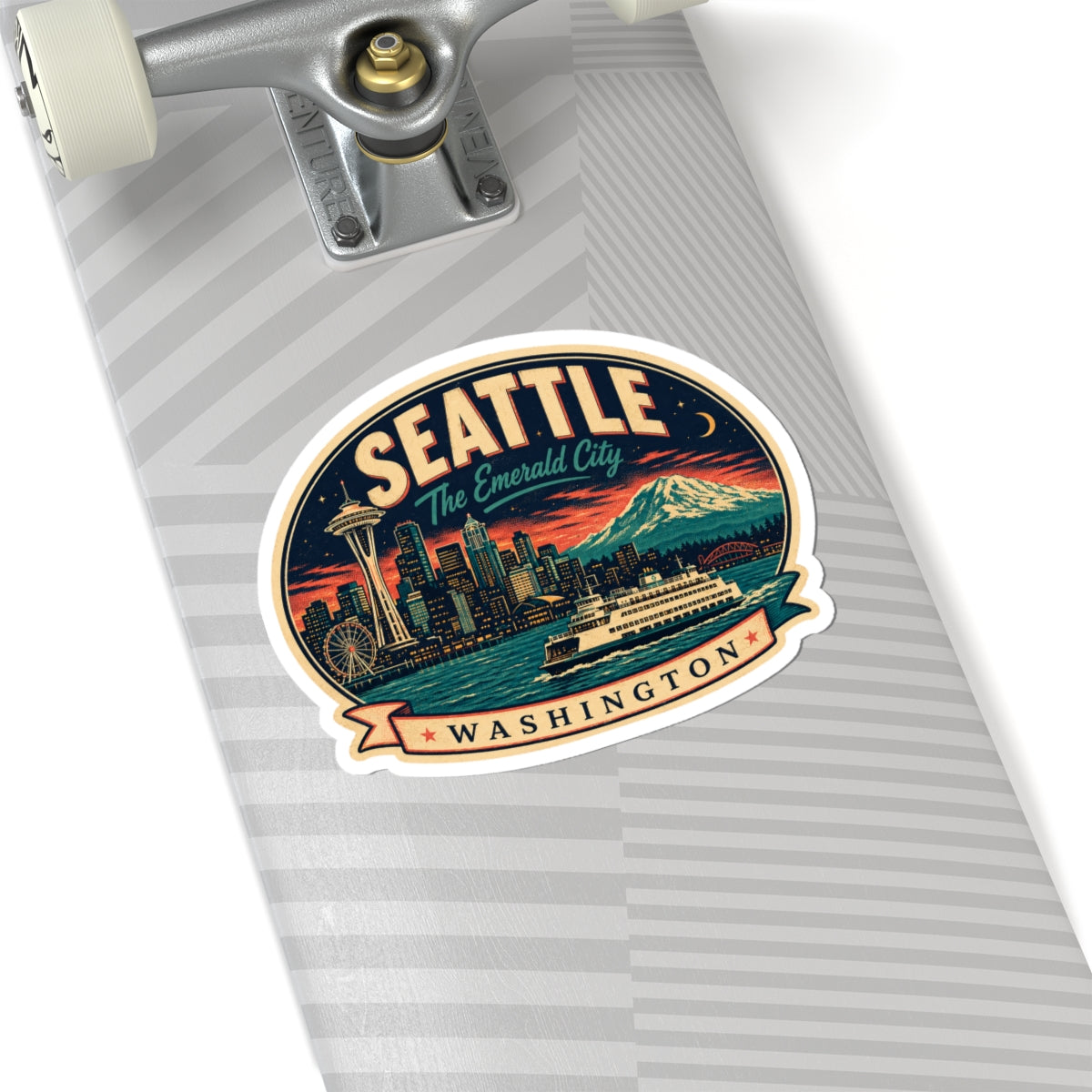 Seattle luggage tag sticker on a suitcase, oval badge with skyline, Space Needle, and Washington
