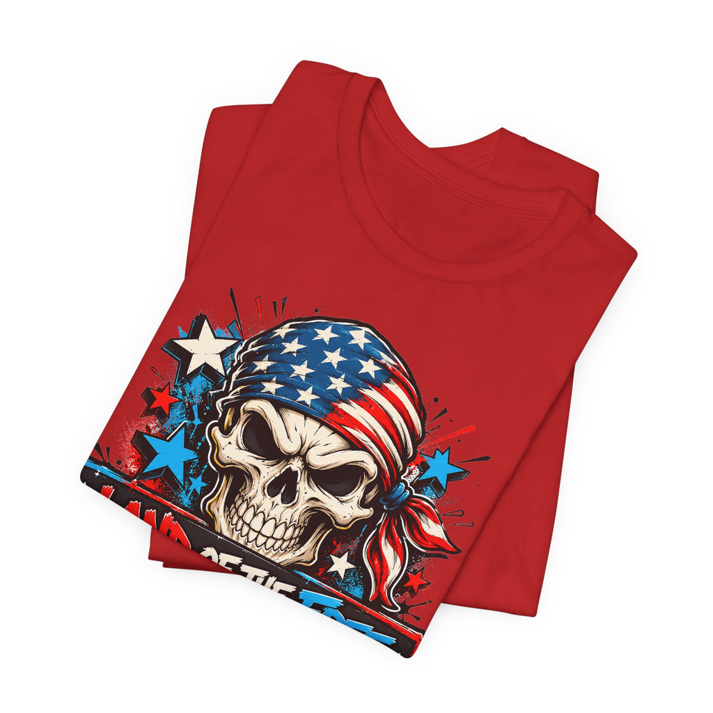 Red skull patriotic T-shirt, folded, with American flag graphic