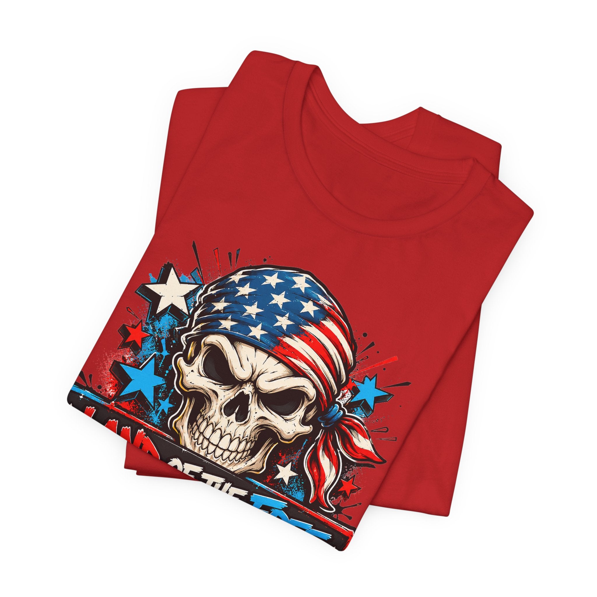 Red skull patriotic T-shirt, folded, with American flag graphic