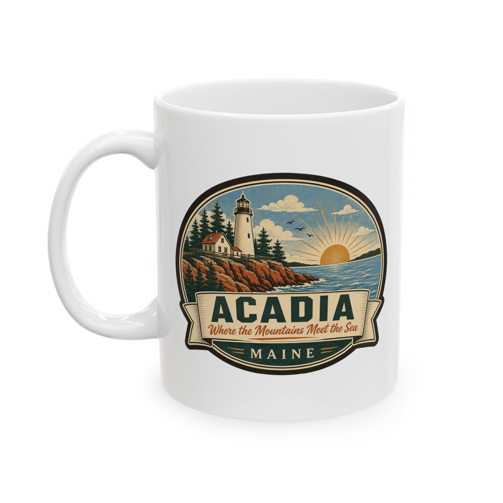 White ceramic coffee mug with front Acadia scenic logo and side handle.