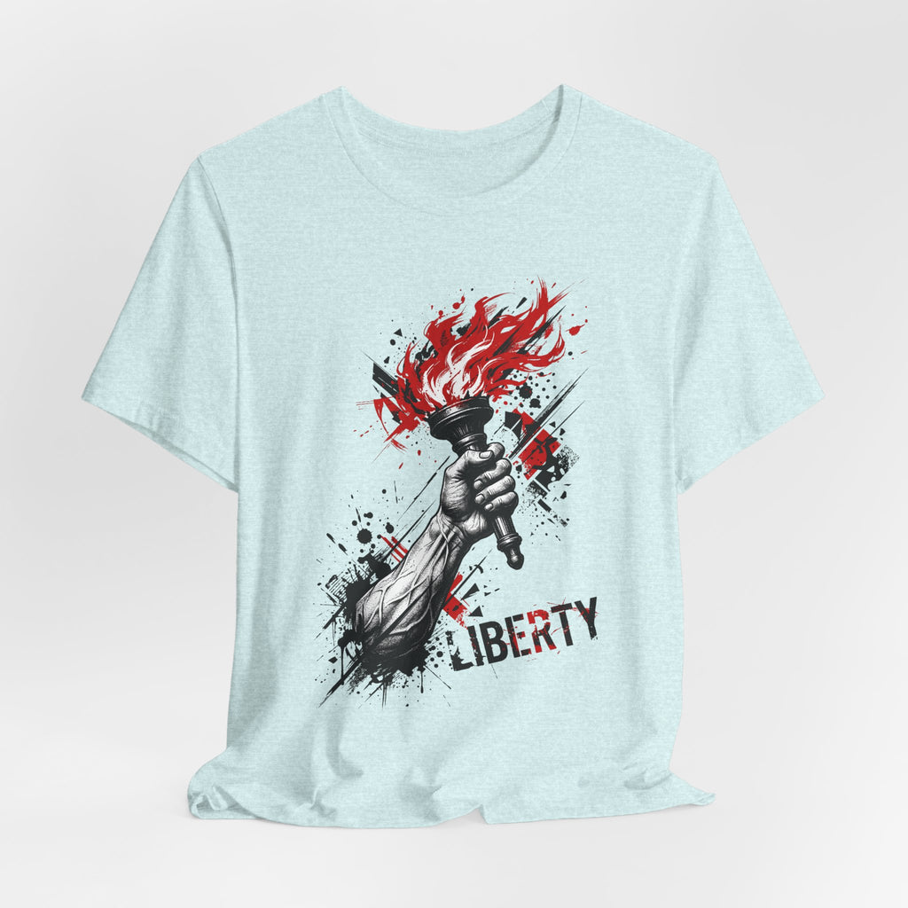 Light blue crewneck T-shirt with Liberty word and red flame torch graphic.