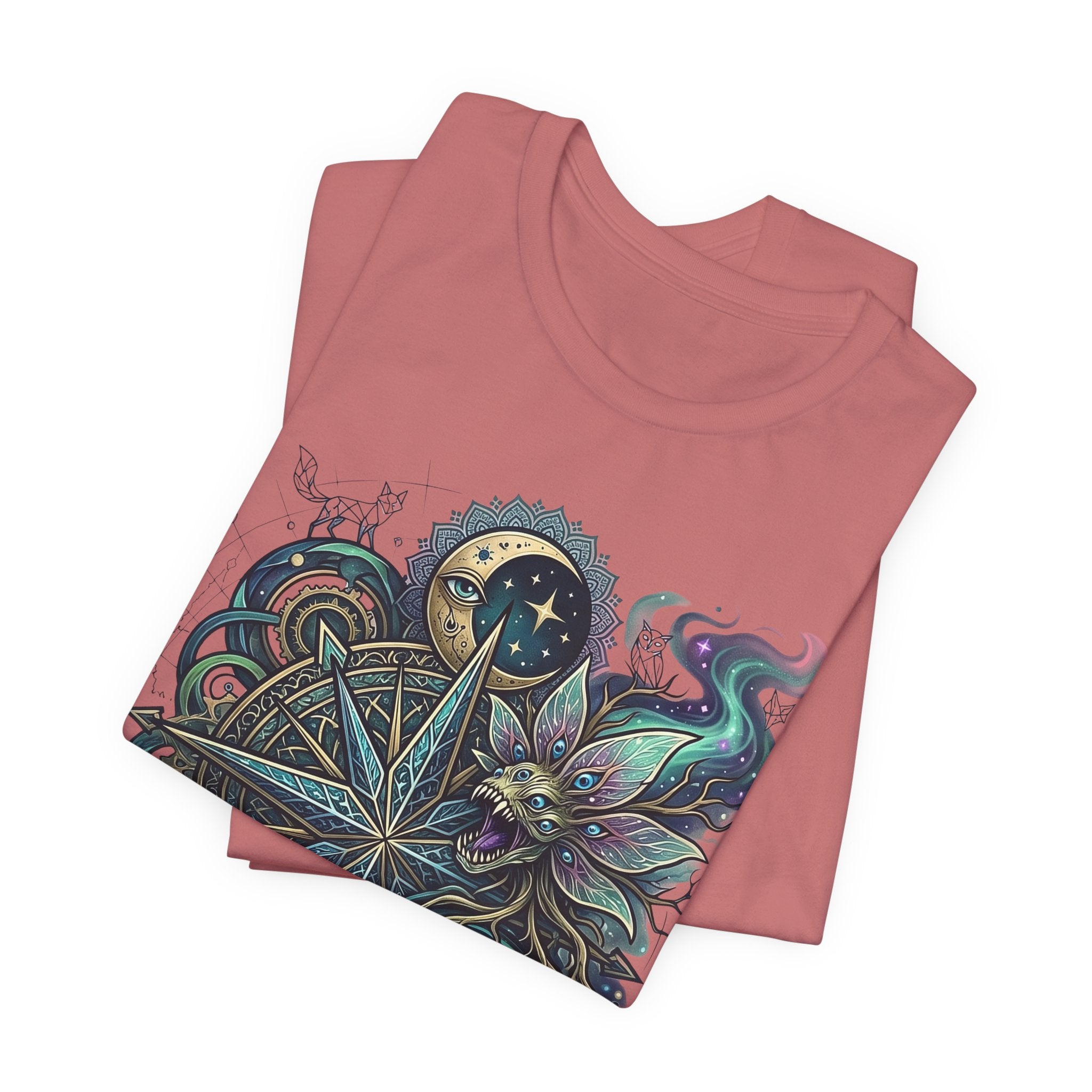 Dusty rose T-shirt with celestial compass cat graphic on front