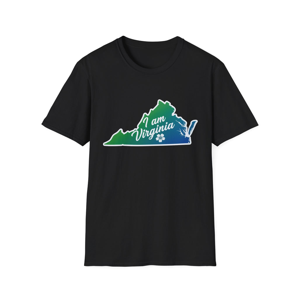 I Am Virginia T-Shirt: black tee with colorful Virginia state outline graphic