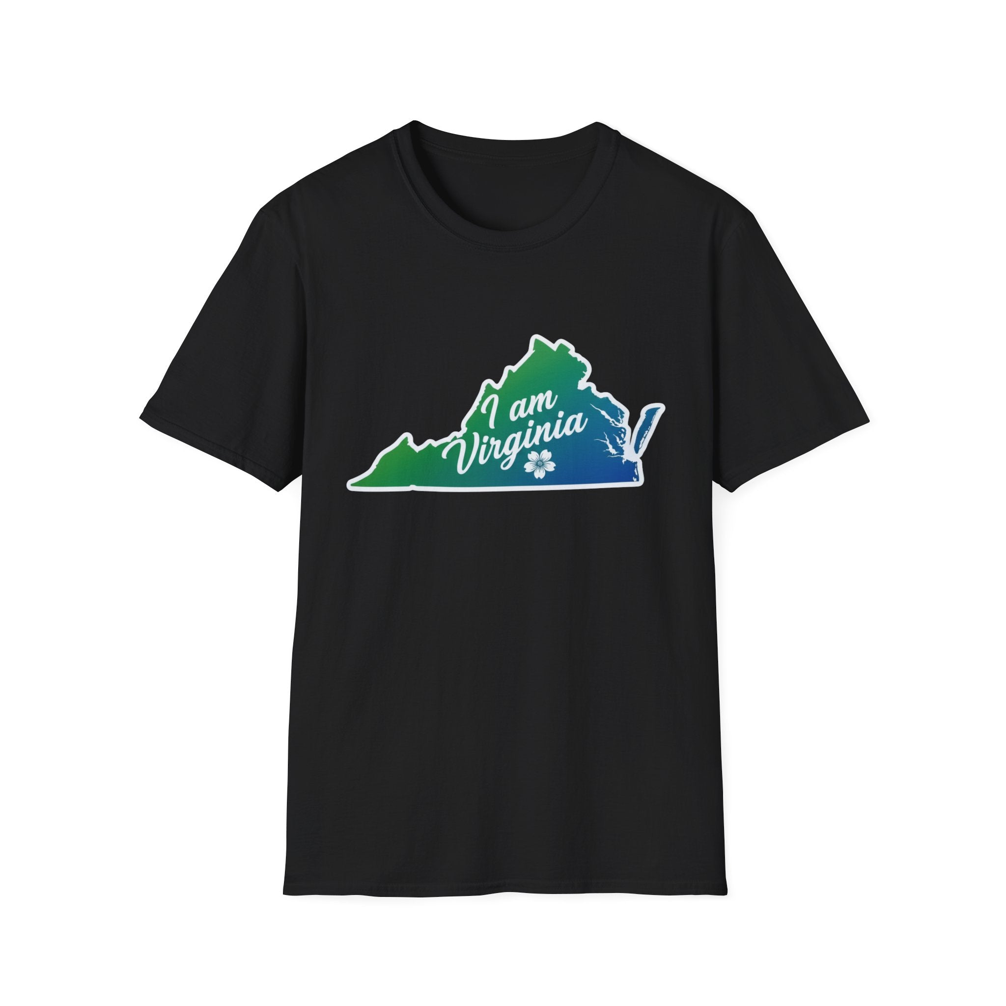 I Am Virginia T-Shirt: black tee with colorful Virginia state outline graphic