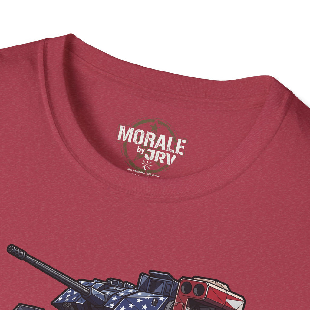 Burgundy T-shirt with “MORALE by TRV” logo and partial tank graphic at neckline