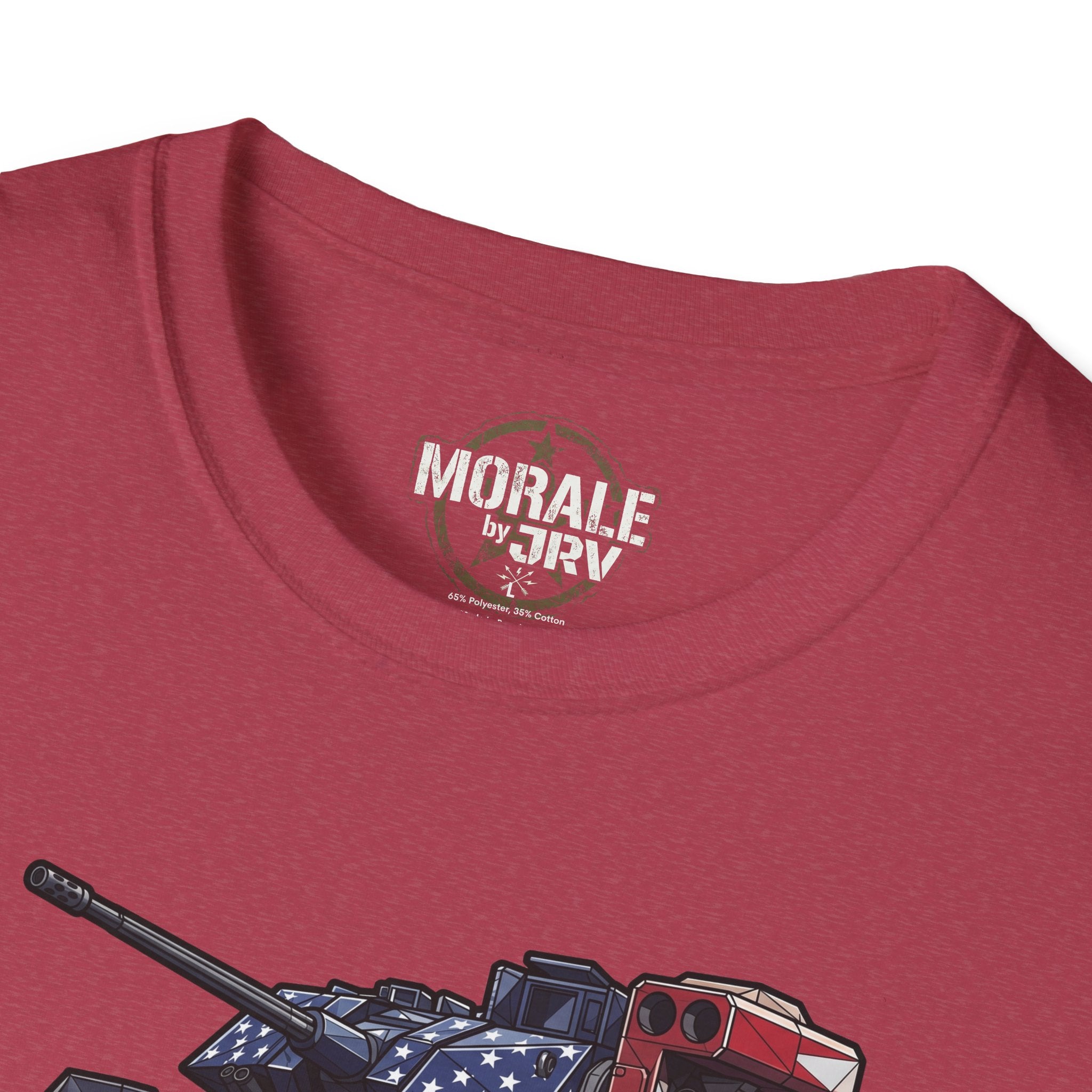 Burgundy T-shirt with “MORALE by TRV” logo and partial tank graphic at neckline