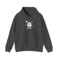 Charcoal hoodie with white ghost graphic and BOO text, front pocket and hood.