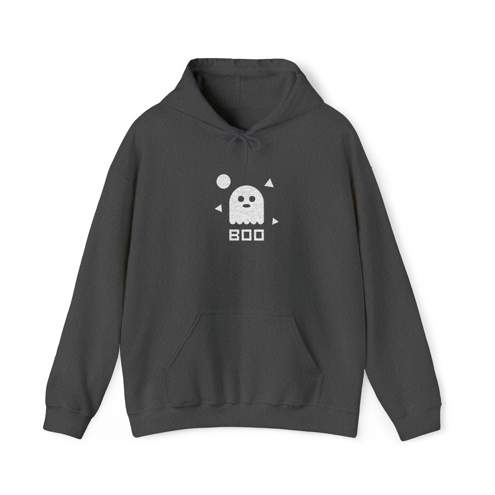 Charcoal hoodie with white ghost graphic and BOO text, front pocket and hood.