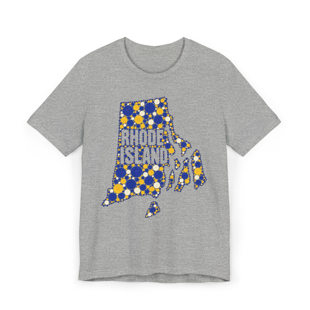 Heather gray t-shirt with multicolor polka dot Rhode Island outline graphic on front