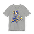 Heather gray t-shirt with multicolor polka dot Rhode Island outline graphic on front