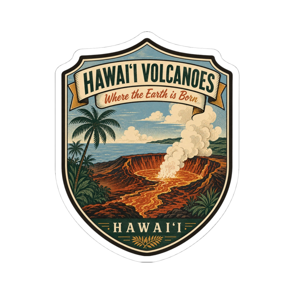 Die-cut sticker with Hawai'i Volcanoes shield logo and lava eruption scene
