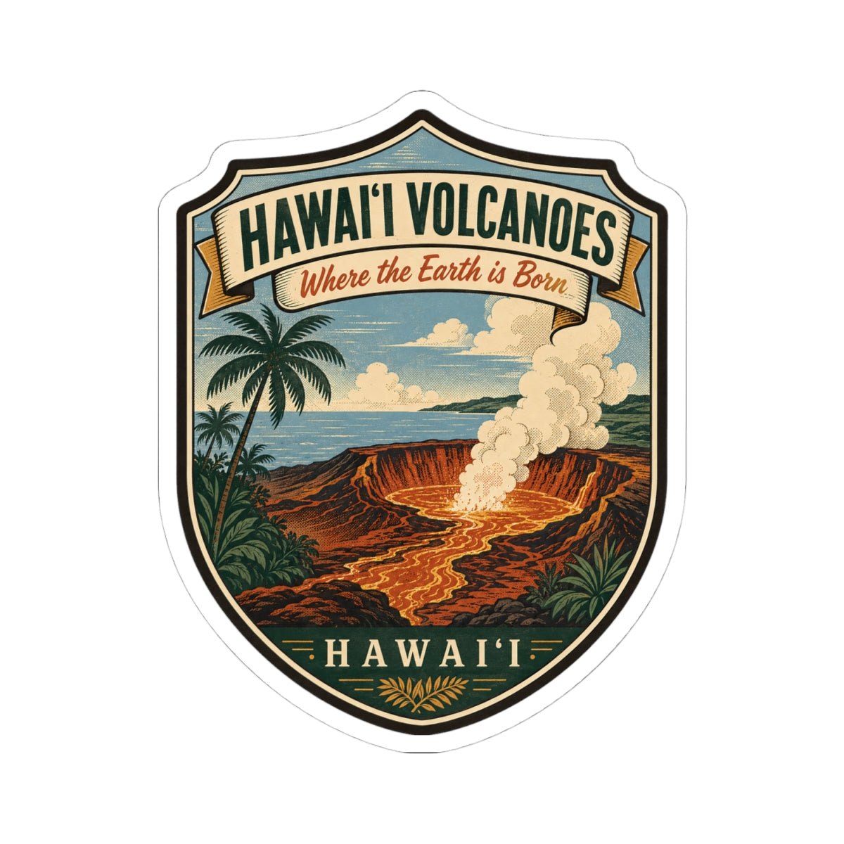 Die-cut sticker with Hawai'i Volcanoes shield logo and lava eruption scene