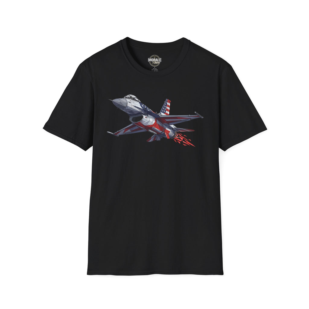 F-16 T-Shirt, black, front jet graphic with American flag and red streaks