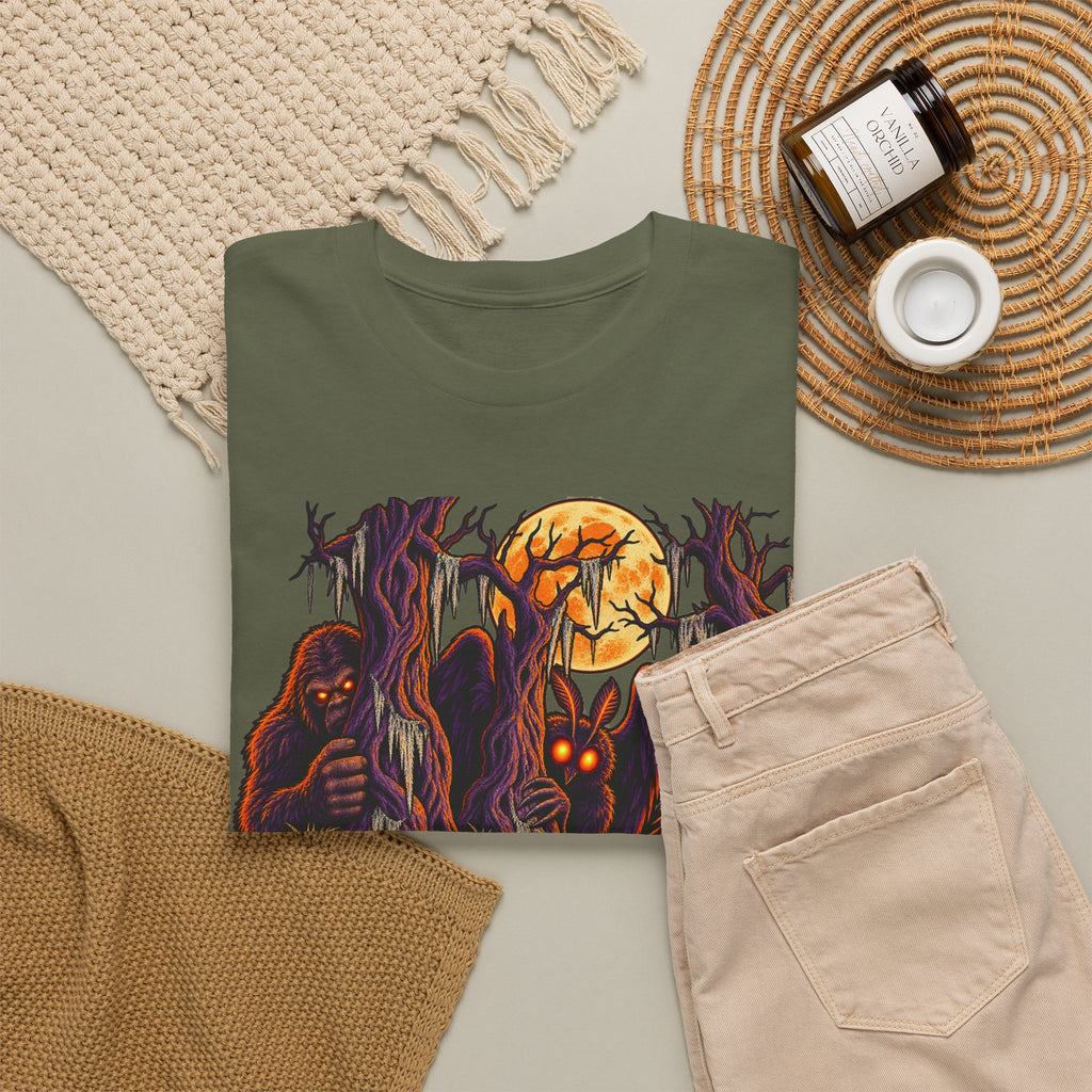Dark olive green T-shirt featuring haunted monster and moon graphic, crew neck.