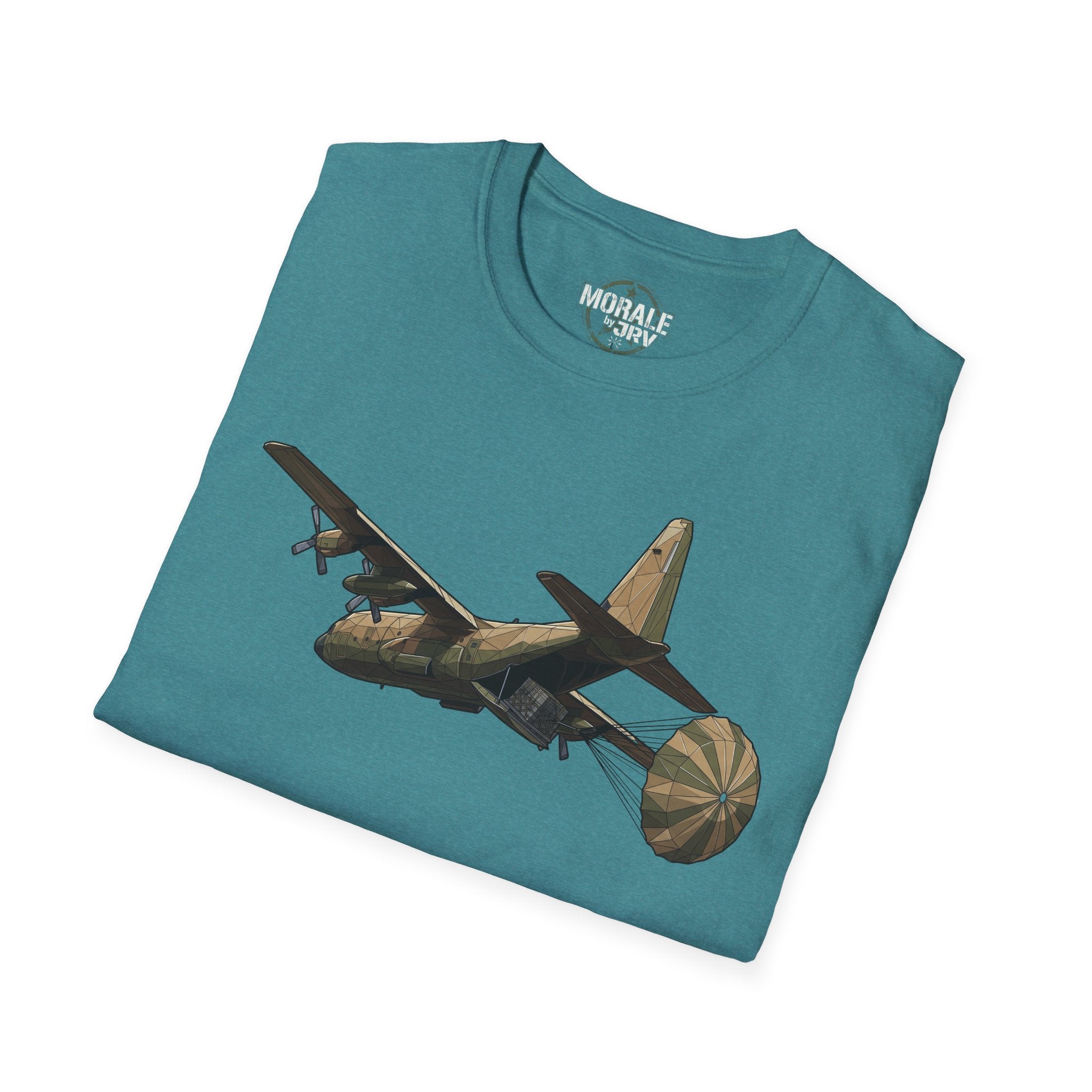 Heather Military Green C-130 cargo plane graphic T-shirt, folded front with full design