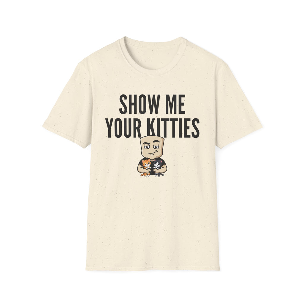 Short-sleeve T-shirt, cream with 'SHOW ME YOUR KITTIES' and cat graphic.