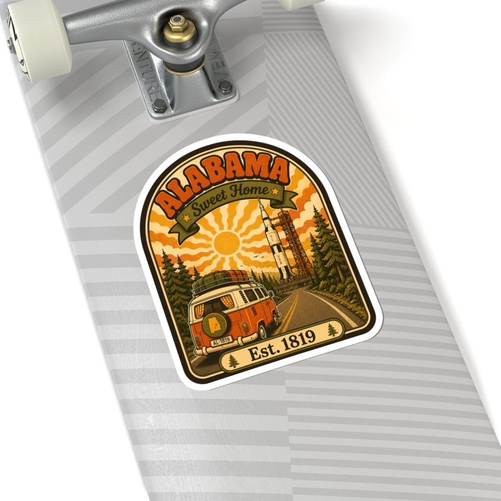 Die-cut arched Alabama sticker with orange camper van, tall tower, and Est. 1819.