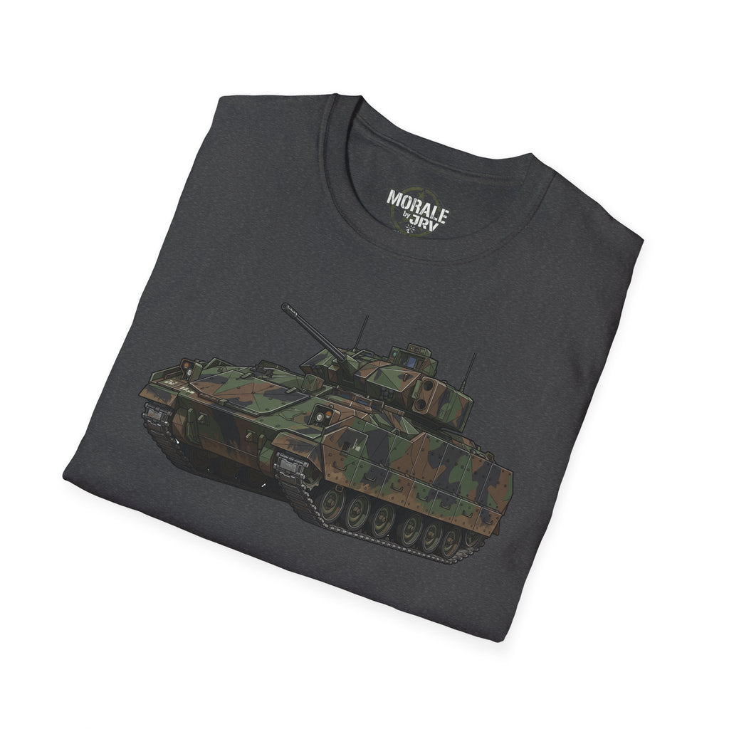 Bradley Fighting Vehicle camo tank T-shirt, full tank graphic on charcoal