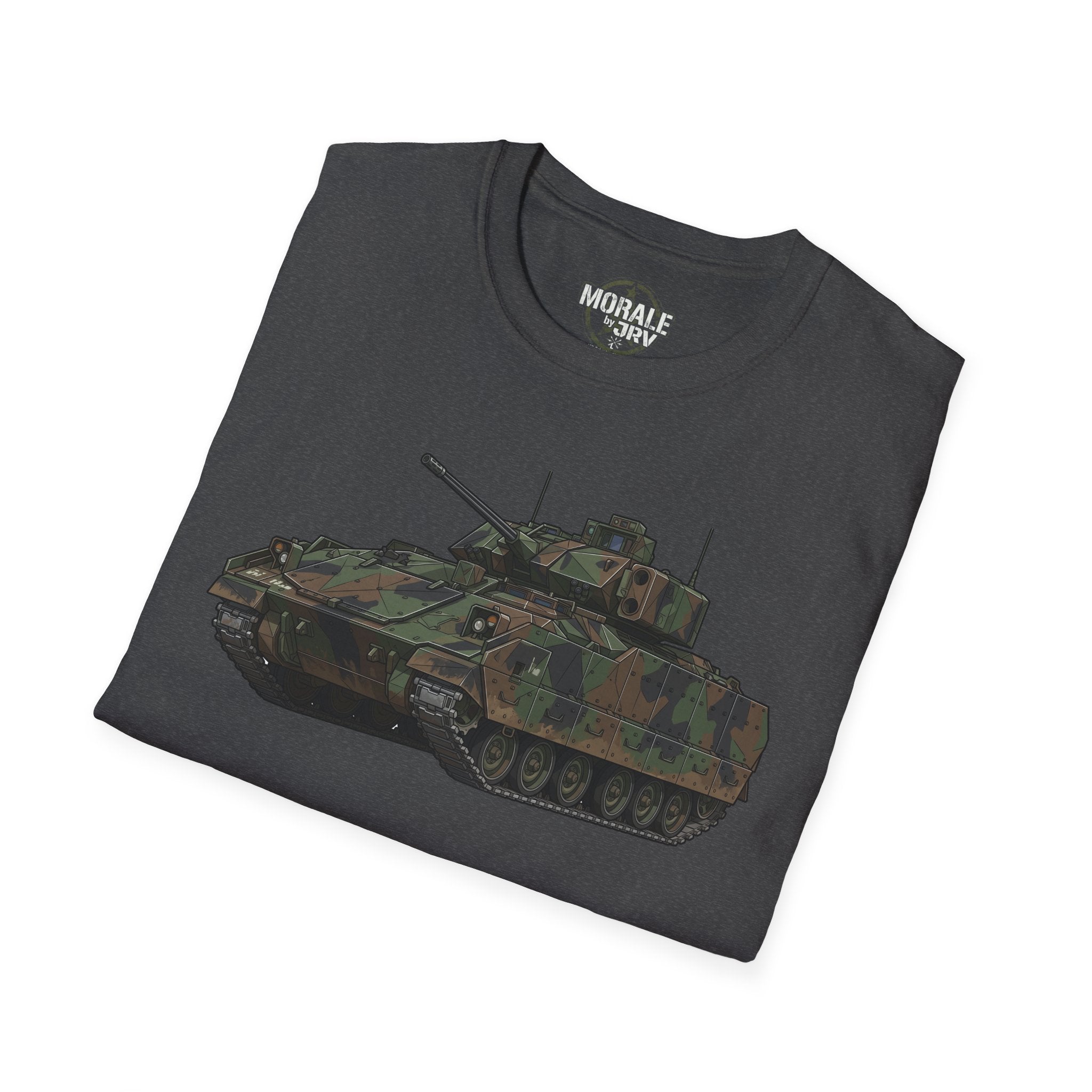 Bradley Fighting Vehicle camo tank T-shirt, full tank graphic on charcoal