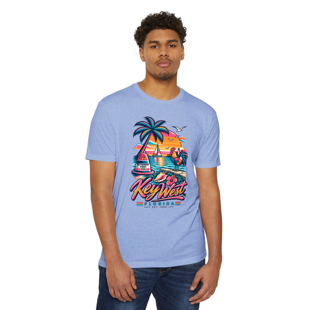 Light blue crew-neck T-shirt with colorful Key West graphic featuring palm tree and flamingo