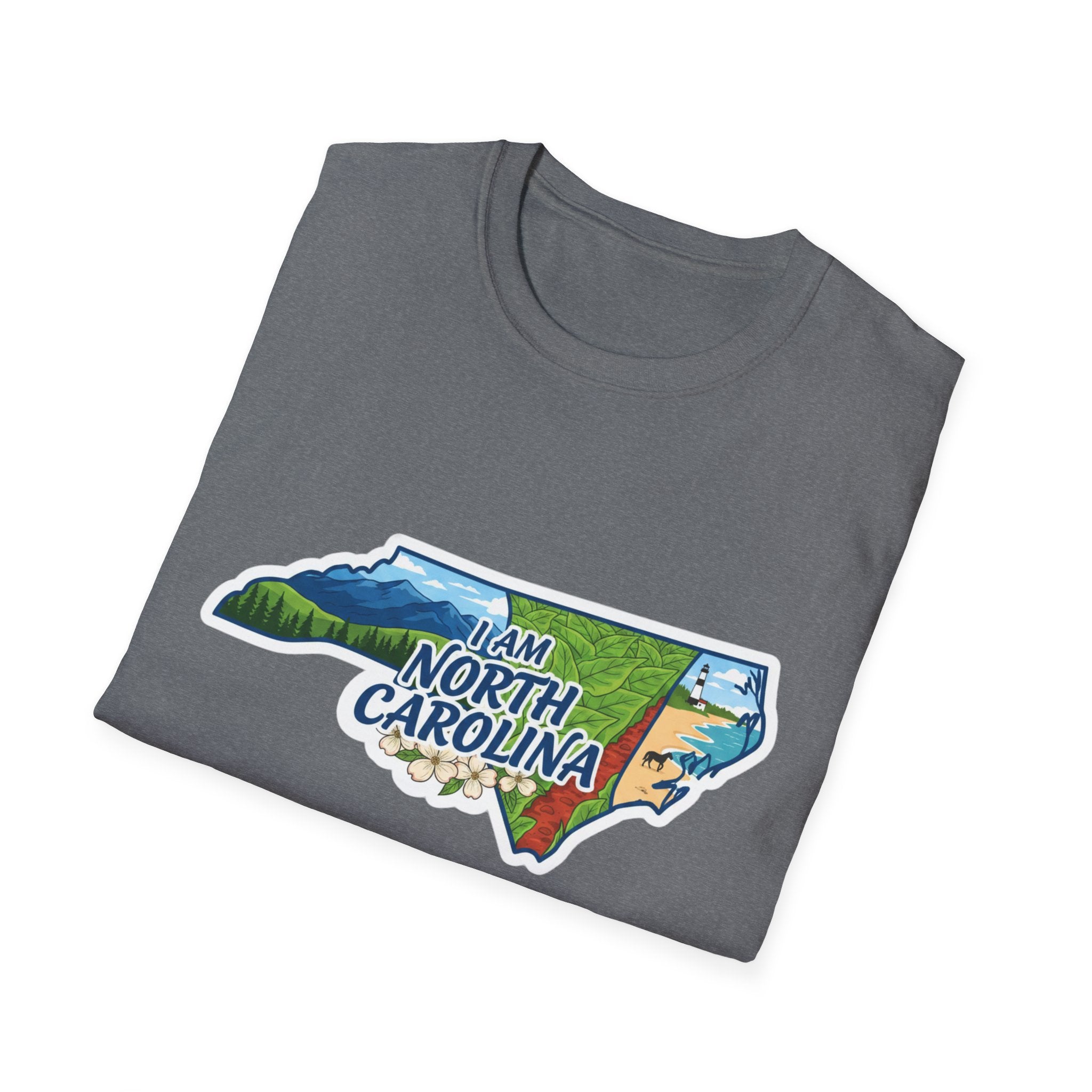 Sport Grey T-shirt with “I am North Carolina” map graphic and floral nature elements