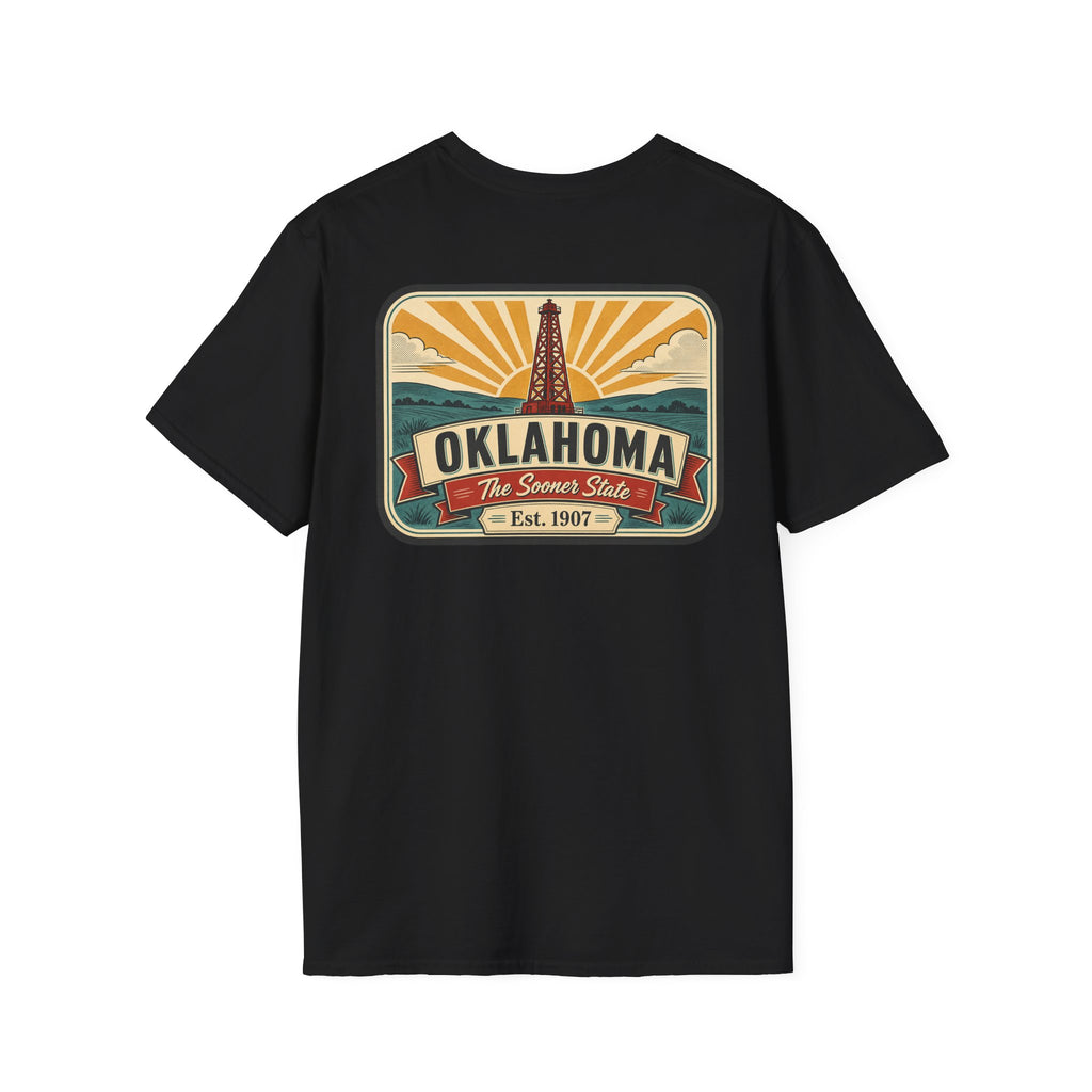 Black T-shirt with rectangular Oklahoma Sooner State logo