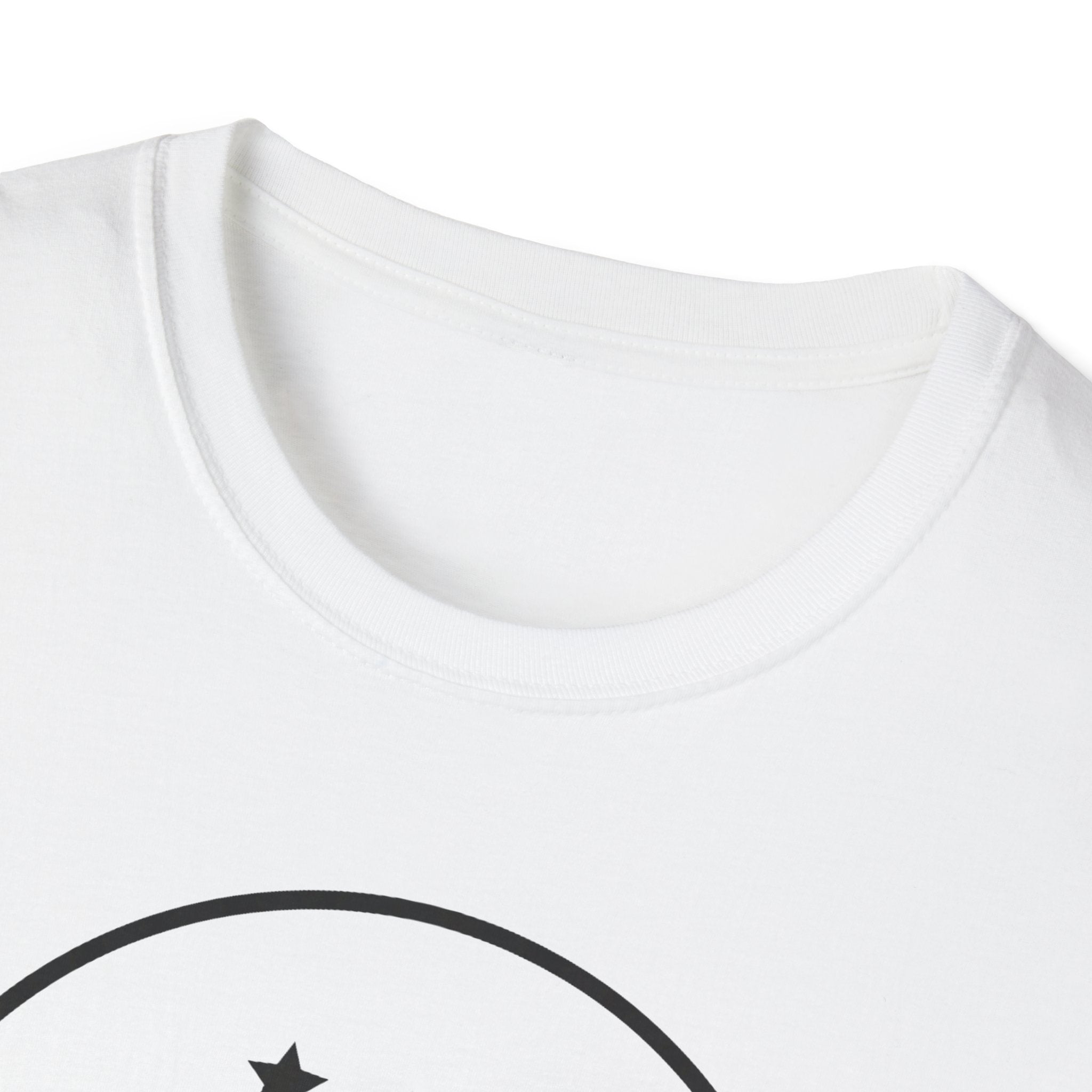 White unisex T-shirt neckline with partial star and circular moon graphic