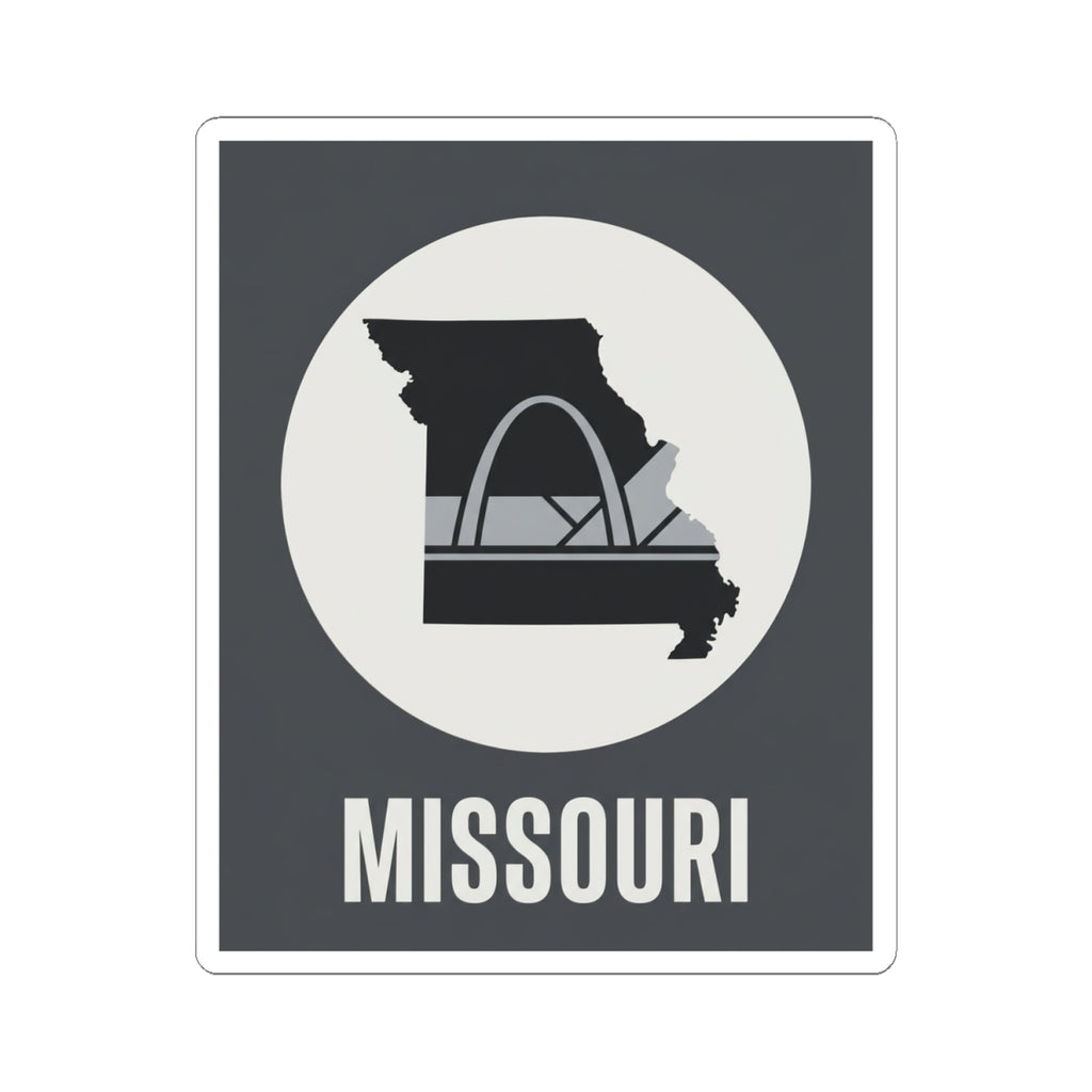Missouri outline and Gateway Arch sticker with “MISSOURI” text inside a circular emblem
