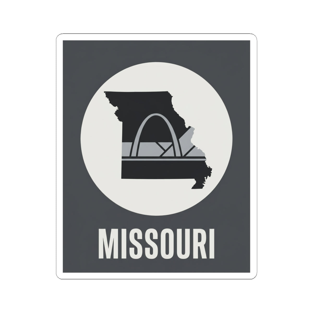 Missouri outline and Gateway Arch sticker with “MISSOURI” text inside a circular emblem