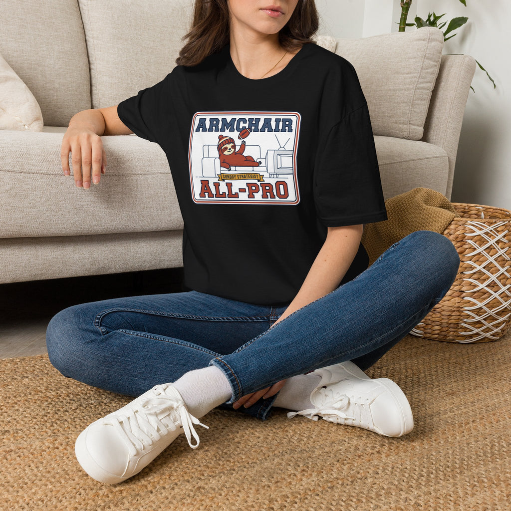 Black crewneck graphic t-shirt with framed "ALL-PRO" sloth design