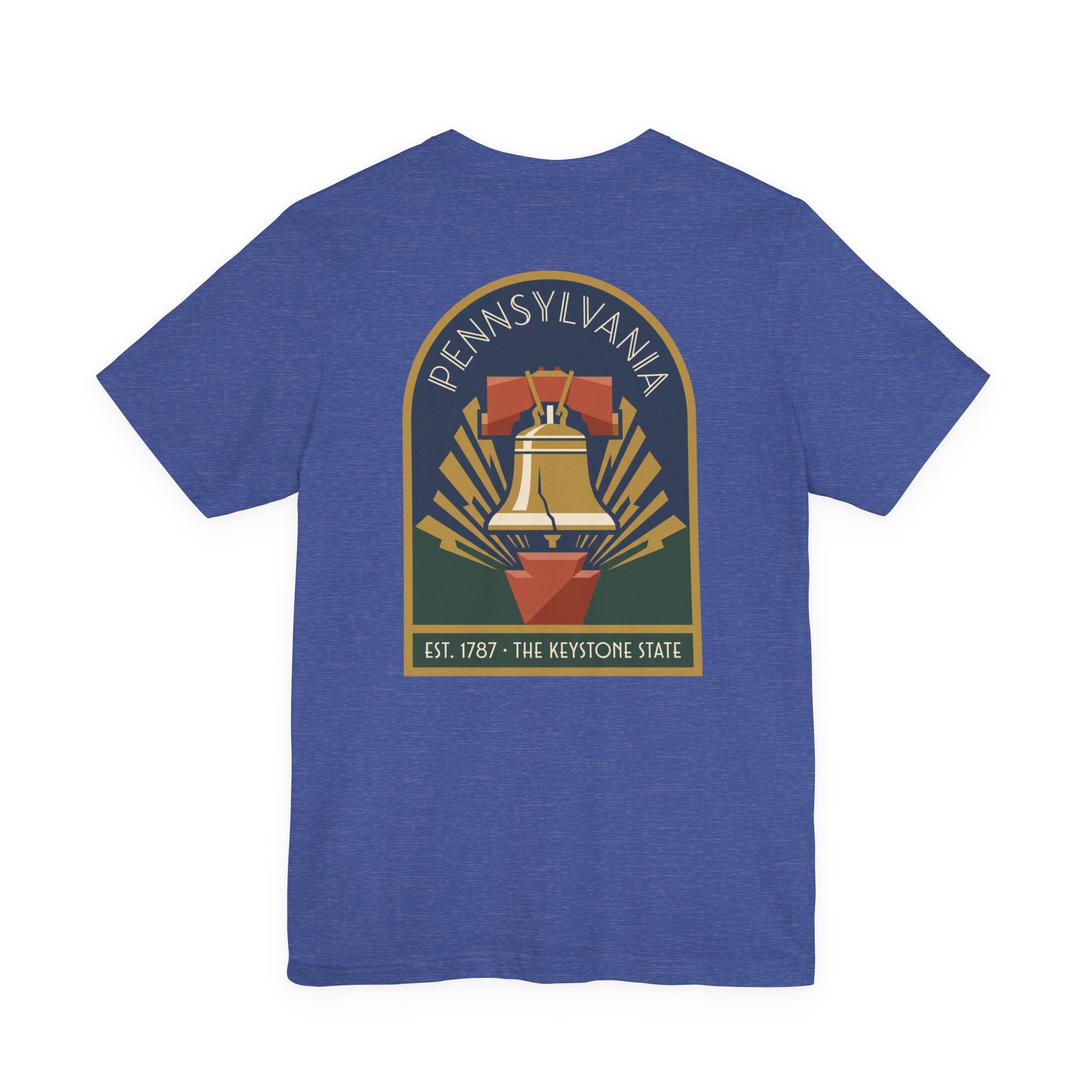 Blue T-shirt with large Art Deco-style Pennsylvania Liberty Bell graphic on front.