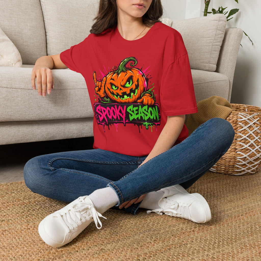 Red crewneck T-shirt with jack-o-lantern 'Spooky Season' graphic