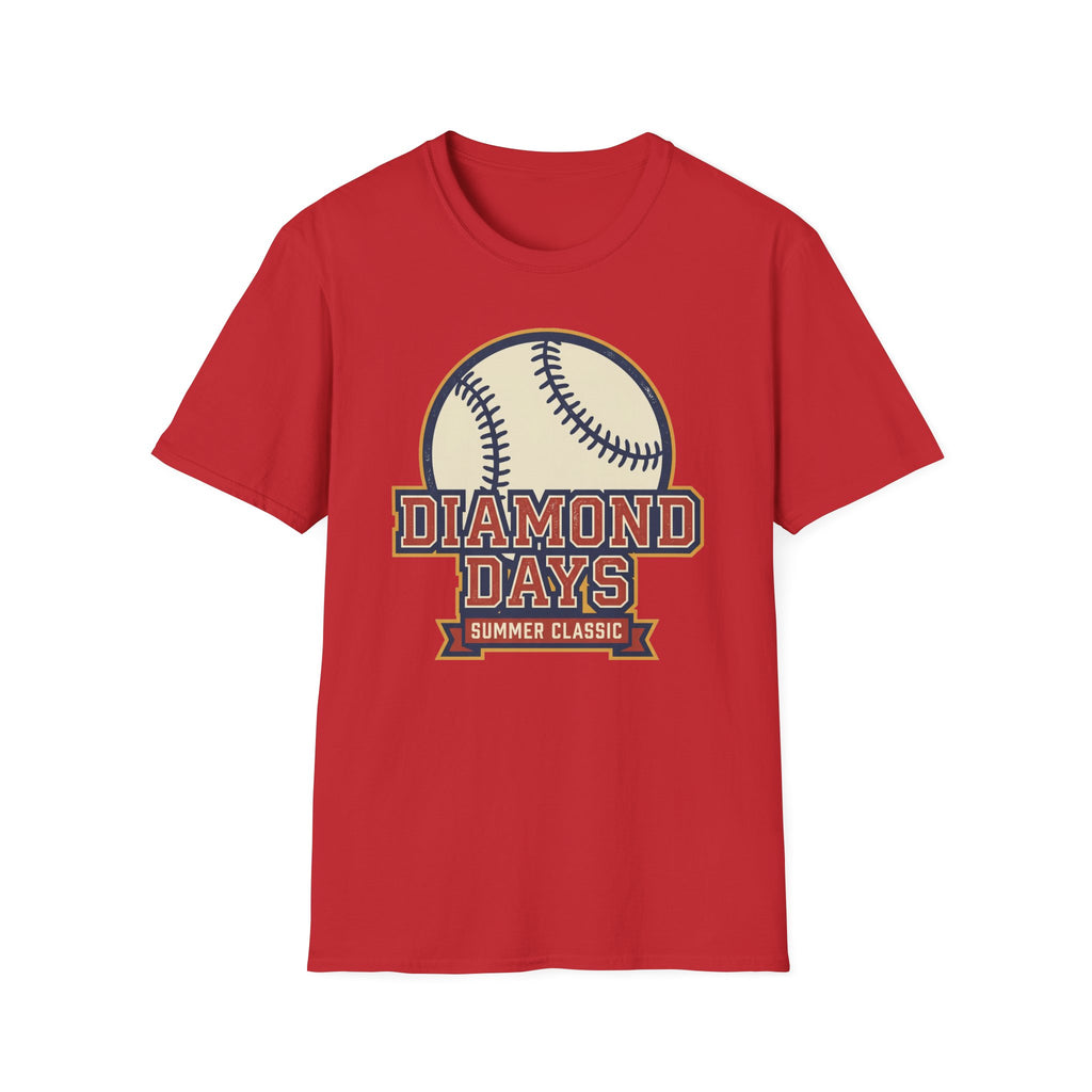 Red baseball graphic T-shirt with Diamond Days logo on chest