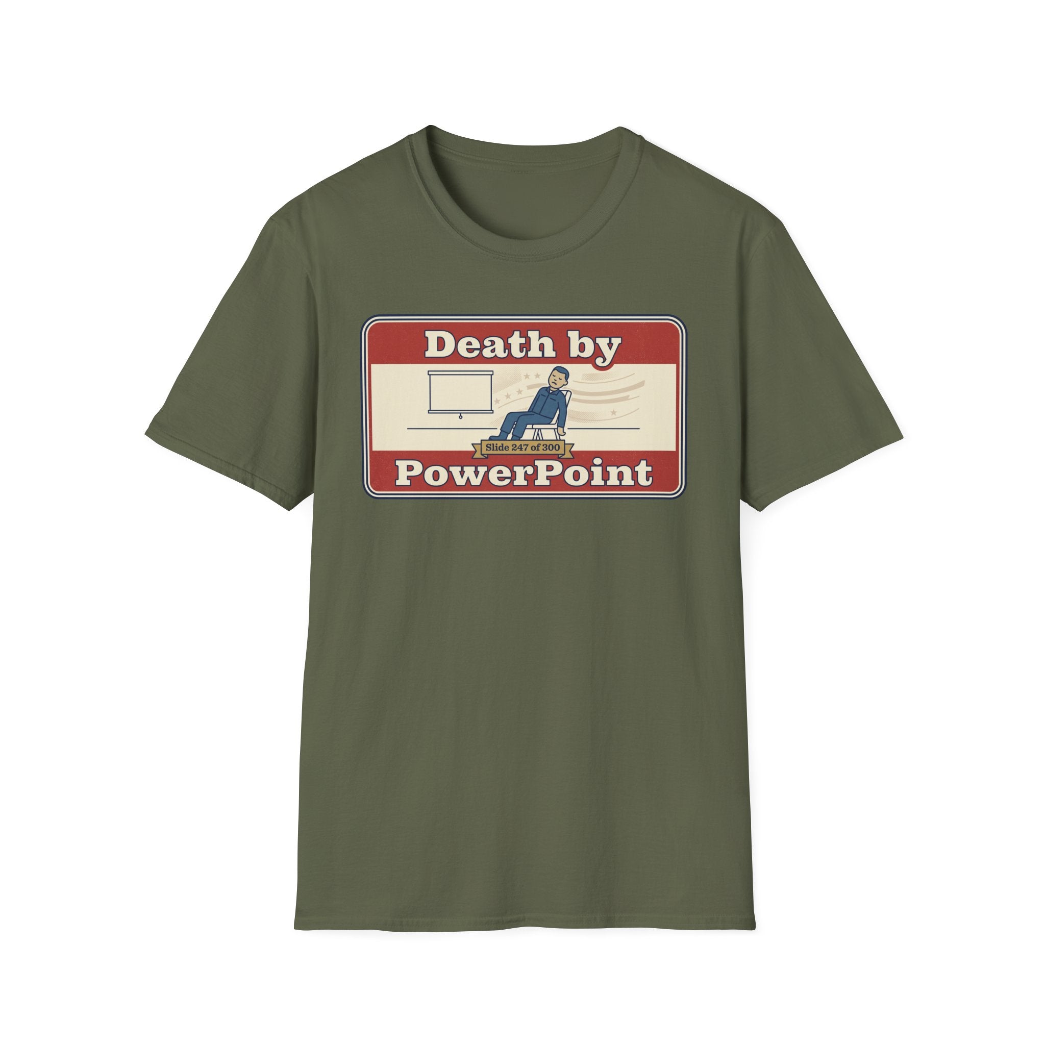 Olive green T-shirt with “Death by PowerPoint” front graphic