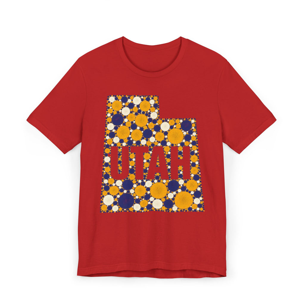 Red crewneck T-shirt with multicolor polka-dot Utah map graphic