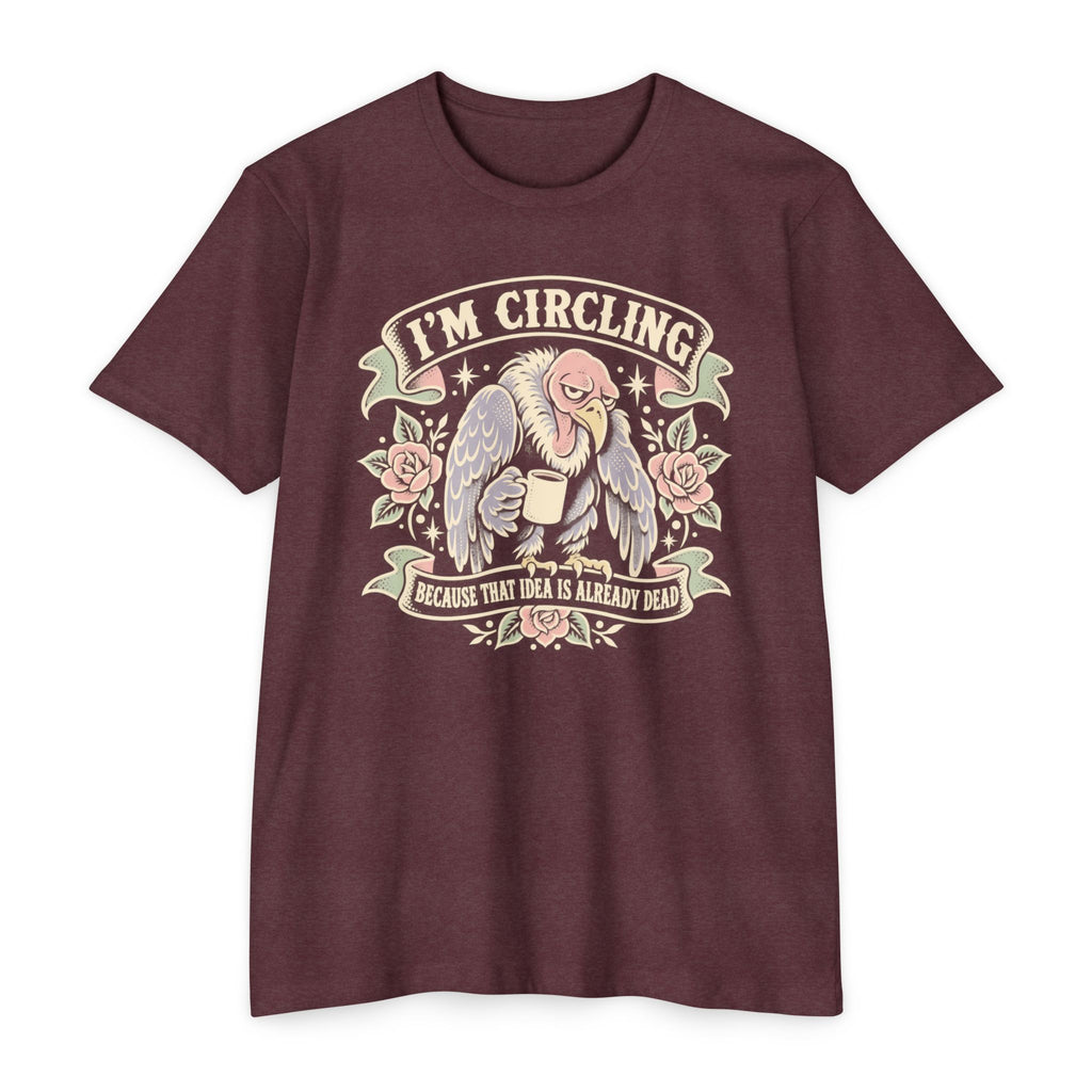Maroon graphic t-shirt with angel/vulture illustration and 'I'm circling' text