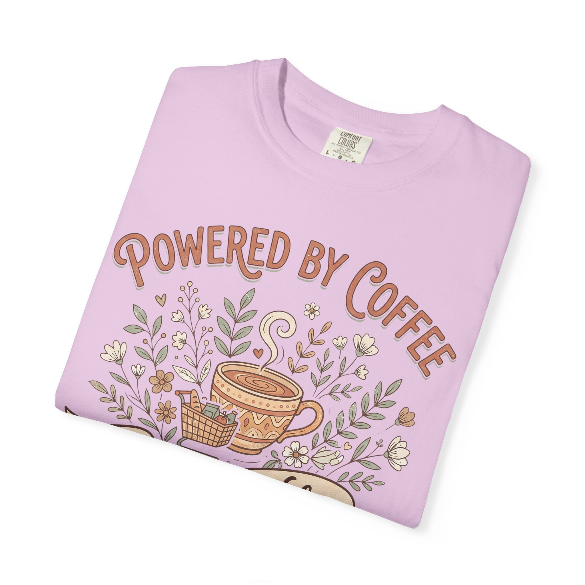 Pink T-shirt with "Powered by Coffee" floral coffee cup graphic