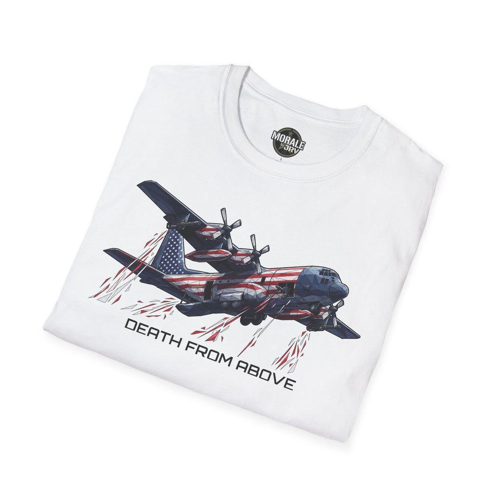 DEATH FROM ABOVE C-130 T-shirt, white: C-130 graphic with American flag design