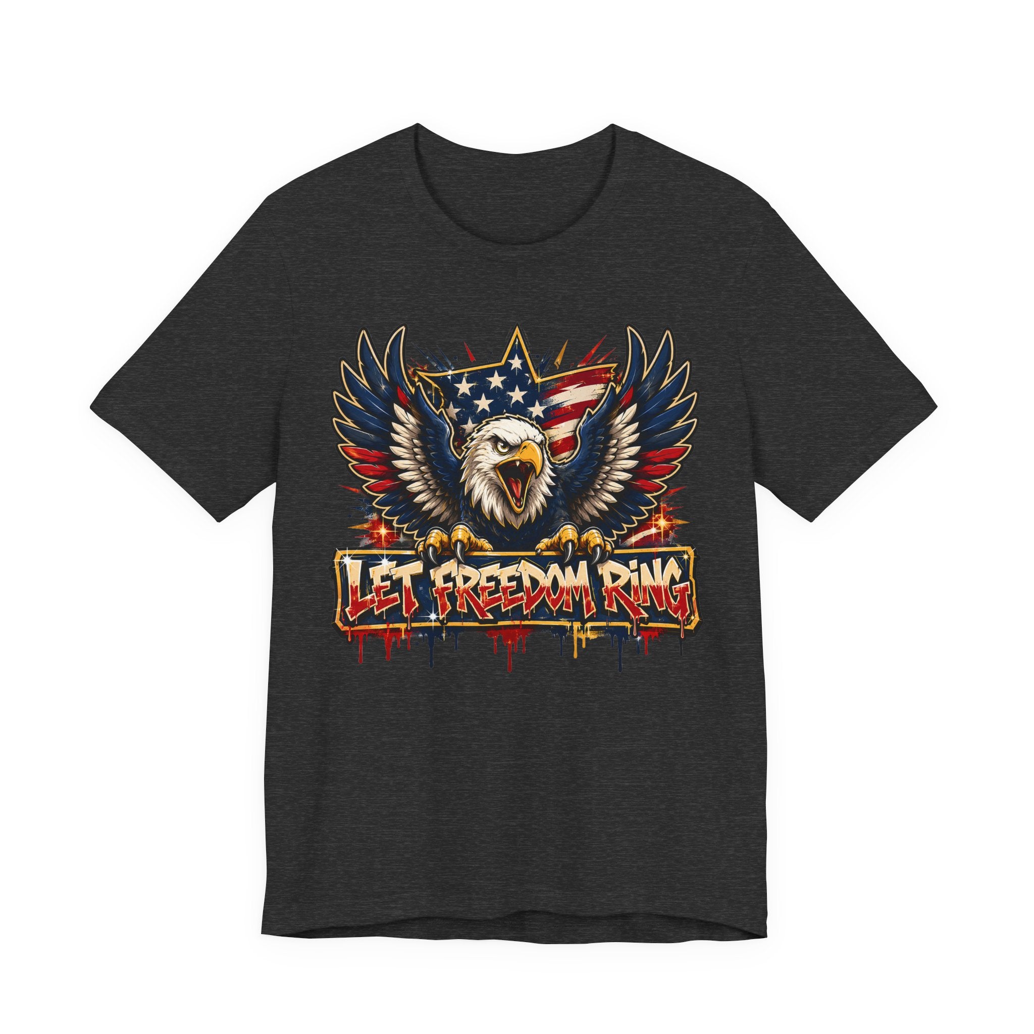 Dark gray t-shirt with bald eagle wings graphic and “Let Freedom Ring” text